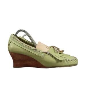 Sam Edelman Shoes Womens 8.5 Moccasin Wedge Fashion Y2k Fringe Leather Green Bow